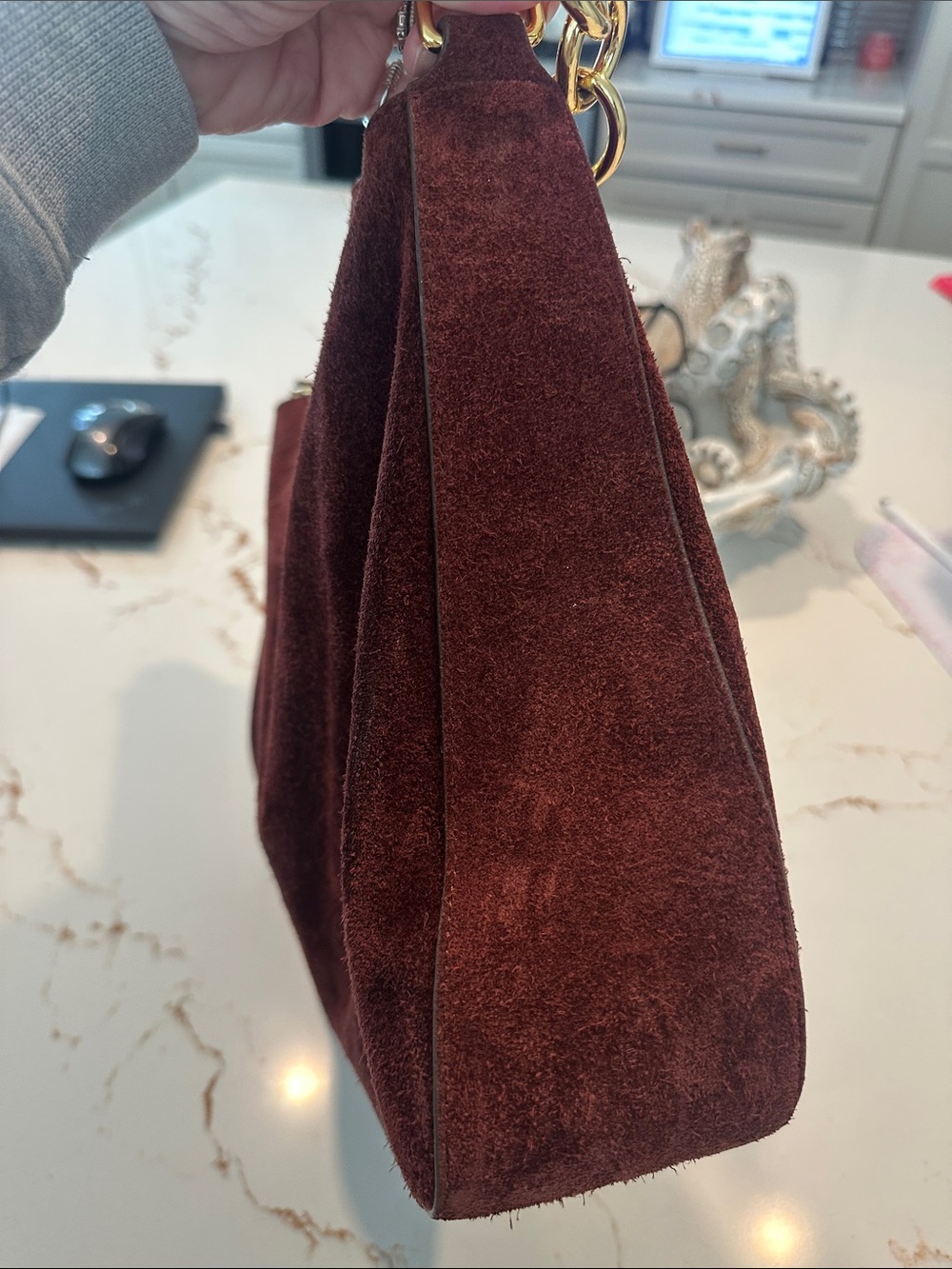 J. Crew Burgundy Berkeley Suede Shoulder Bag with Gold Chain Handle excellent - Picture 6 of 8